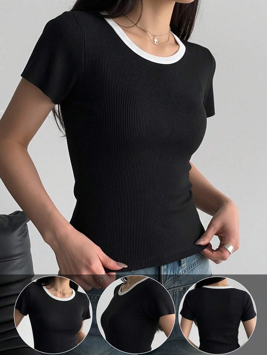 1件女款春夏時尚休閒圓領短袖T恤,基本修身對比色上衣,極簡日常穿搭 - 黑色 - 查看 1