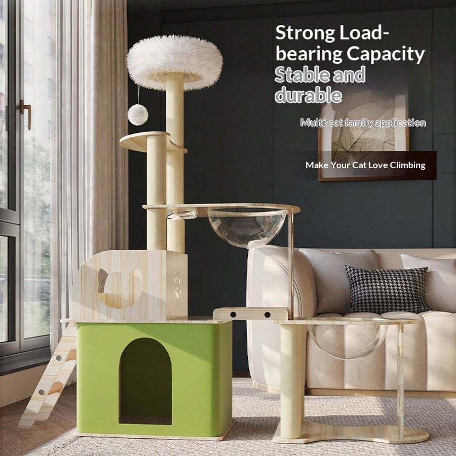 Indoor Cat Climbing Ladder, Multi-Level Cat Tree With Transparent Cat Bed, Sisal Scratching Post, Food Bowl And Litter Box – A Modern Cat Tree Complete With A Soft Cat Bed And A Cat Slide.
