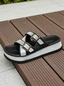 FZY Platform Slides For Women, Adjustable Buckle Glitter Straps, Comfortable Chunky Flatform Sandals, Non-Slip Open Toe Y2K Summer Slippers For Beach, - 黑色 - 查看 5