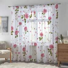2pcs Pink Rose Sheer Curtains, Featuring Pink Roses And Green Vines, Petal-Shaped Pattern, 2D Flat Print, Semi-Transparent, Suitable For Living Room/Bedroom, Comes With Rod Pocket Design For Romantic Style. - Multicolor - View 1