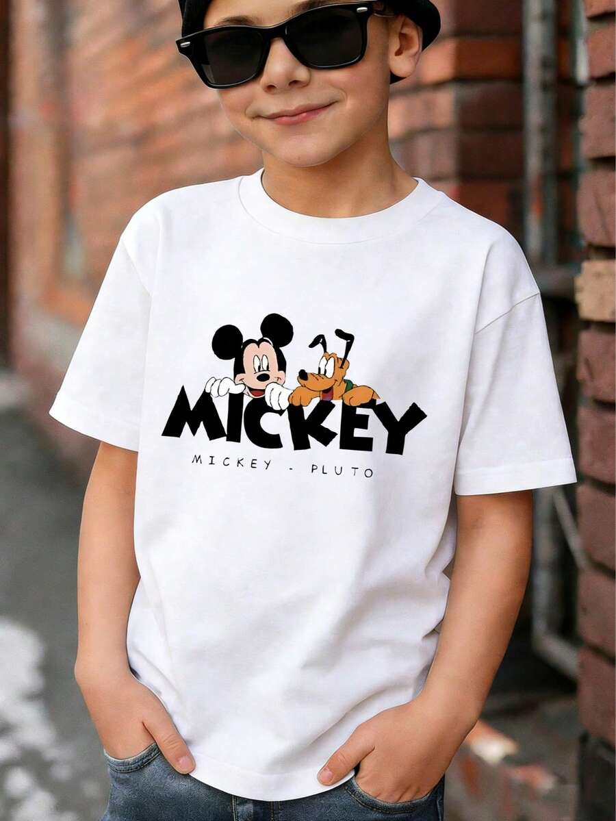 Disney Mickey Mouse & Pluto Graphic T-Shirt For Toddler Boys Girls 2-14 Years Soft Breathable Tee Express Delivery - trắng - Xem 1
