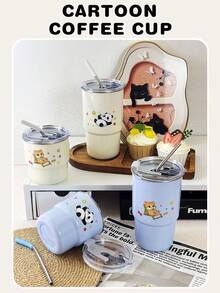 Cute Kitchen 1个304不锈钢双层保温咖啡杯，带盖，可爱猫咪/熊猫图案，容量14.2盎司/20.3盎司（420毫升/600毫升），米色/蓝色，材质防烫，包含304不锈钢吸管和硅胶吸管帽，非常适合车载、办公、旅行、野餐，也是节日送礼和自用的理想之选。 - 彩色 - 查看 12