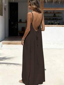 Women's Sleeveless Casual Brown Cami Dress With Maxi Length And Straight Hem - 咖色 - 查看 5