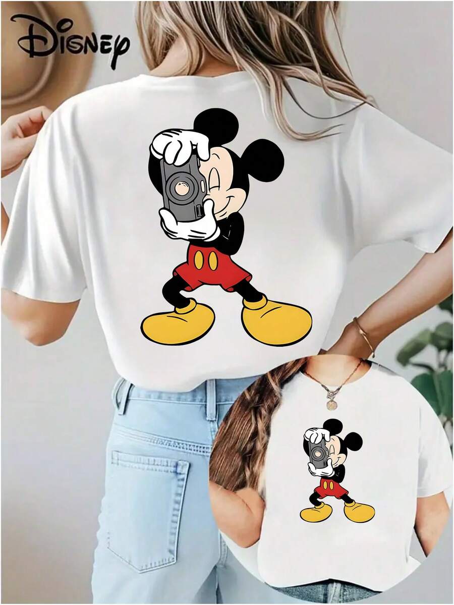 Comfy Crew Neck Women's T-Shirt | Disney Mickey Mouse Photographer Theme | Vacation Outfits - trắng - Xem 1