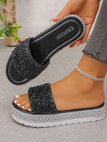 2026 New Rhinestone Embellished Thick Sole Wedge Slippers, Shiny Solid Color Unisex Crystal Sandals For Outdoor Wear, Spring/Summer - Black Full Diamond - View 2