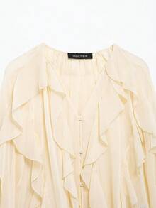 Women's Elegant Semi-Transparent Chiffon Ruffle Hem Blouse, Fashionable V-Neck Long Sleeve Spring Top - Beige - View 6