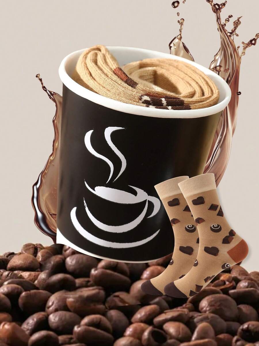 1 Pair Multicolor Mid-Calf Gift Socks, Unisex Couples Gift Box, Soft Coffee Novelty Socks With Imaginative Food-Inspired Designs, Comfortable & Versatile, Suitable For Birthday, Valentine's Day, Easter, Ramadan, Date, Family Gathering, Party, Holiday, Unique Fashion Casual Wear