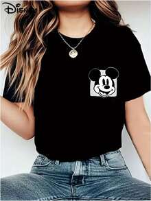 Soft Cotton Women's T-Shirt | Disney Mickey Mouse Four-Panel Expression Graphic | Casual Summer Wear - 黑色 - 查看 2