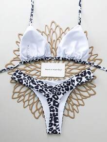 Set de 2 piezas Traje de baño bikini con estampado de leopardo, sexy y con cordones en la espalda, adecuado para vacaciones, playa, actuaciones en el escenario y conciertos en verano, color negro - Negro - Ver 2