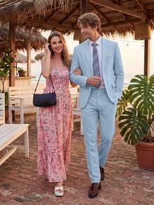 Men's 2 Piece Linen Suit Summer Lightweight Two Button Blazer & Pants Set Casual Business Outfit For Beach Wedding Party Groom Tuxedo - Màu xanh nhạt - Xem 2