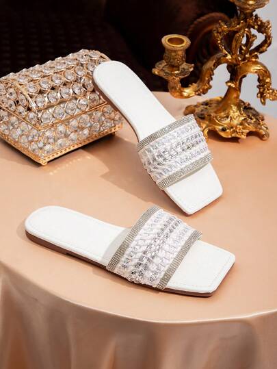 French Elegant Woven Rhinestone Sandals, White Crocodile Embossed Square Toe Flat Slip-On Slippers, Suitable For Dates, Galas, Parties, Fashionable Outdoor Wear