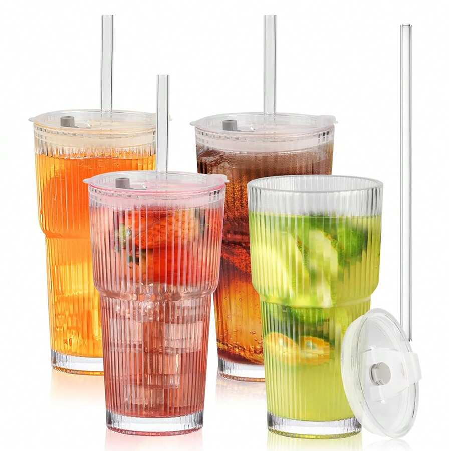 1pc 600ml Glass Cup With Lid And Straw, Vertical Stripe Pattern, Suitable For Drinking Water, Juice And Iced Coffee - Multicolor - View 1