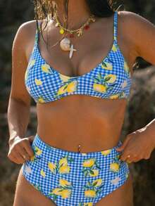 Sexy High Elasticity Bikini Set, Spaghetti Strap Backless Design, Lemon Plaid Print, For Women - Multicolor - View 1