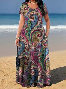 Plus Size Women Fashion Printed Pocket Casual Vacation Dress Summer Elegant - Multicolor - View 1