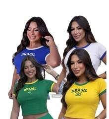 Women's Cropped Top Brazil New Short Sleeve Ribbed Print Sporty World Cup Casual Style Blogger Spring Summer Women's Fashion Brazilian National Team - Màu vàng - Xem 1