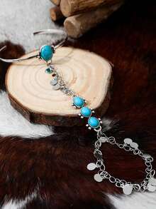 1pc Bohemian Vintage Faux Turquoise Disc Pendant Open Cuff Bracelet, Suitable For Daily, Casual, Beach Vacation Matching - Silver - View 5