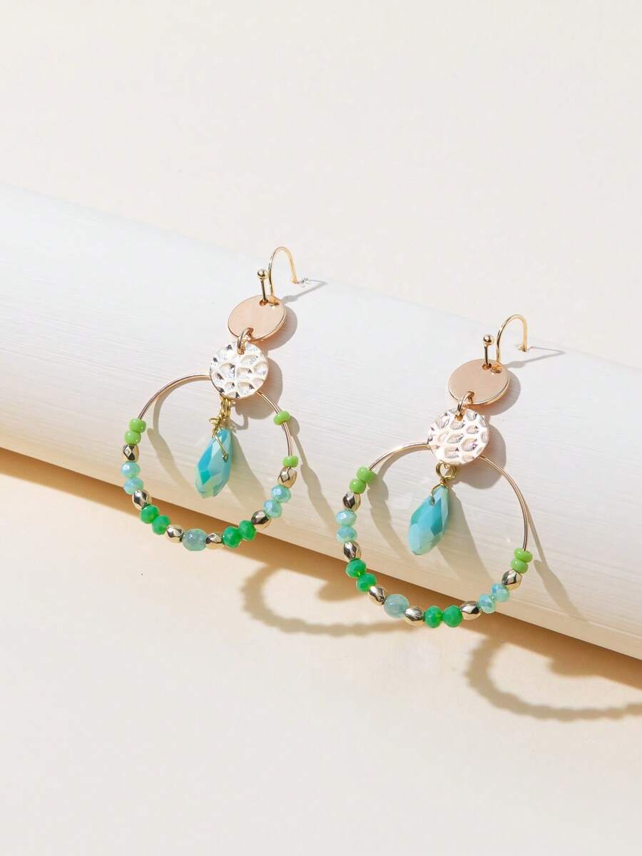 1 Pair Women's Bohemian Style Vintage Tassel Beaded Round Earrings (Bead Color Random) - Green-e043 - View 1