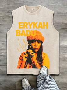 Men's Spring/Summer Washed Black Slim Fit Drawstring Shorts 2-Piece Set, Minimalist Fashionable Newspaper Print Sleeveless Tank Top, Casual Cartoon Letter Print Vest Suitable For Daily - Màu be - Xem 2