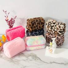 1pc Large Capacity Leopard Print Plush Cosmetic Bag, Unisex Travel Toiletry Pouch, Soft Plush Lining, Suitable For College And Daily Use - Multicolor - View 1