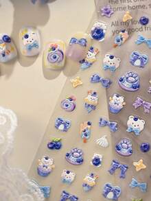 1个可爱蓝白泰迪熊、蓝莓纸杯蛋糕、猫爪、领结奶油色5D立体贴纸，可爱自粘美甲装饰，适合儿童和女孩 - 彩色 - 查看 11