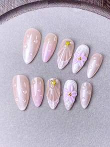 10 片手工制作的按压式美甲贴片，美甲饰品，假指甲，短指甲，亚克力按压式美甲贴片，Y2K 风格，夏季美甲，粉色美甲，紫色美甲，指甲表面饰有手工制作的竹子和树脂装饰，点缀着金色海星、钢珠和白色珍珠，以及手工雕刻的浅紫色五瓣花，非常适合在度假和派对中使用。 - 淡紫色 - 查看 13