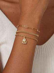 3pcs/Set Women Bracelets Set, Bohemian Summer Beach Style, Includes Golden Electroplated Multi-Layer Basic Chain, Paper Clip Chain, Cuban Chain, Copper Inlaid Zirconia Octopus Pendant Multi-Layer Stacking Bracelets, Ocean Series Jewelry Gift - Yellow Gold - View 1
