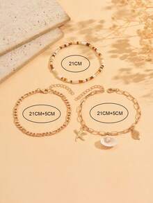 3pcs/Set Bohemian Beaded Anklet, Summer Ocean Style Starfish Shell Pendant Multi-Layer Anklet Jewelry, Suitable For Daily Wear, Beach, And Party - Gold - View 4