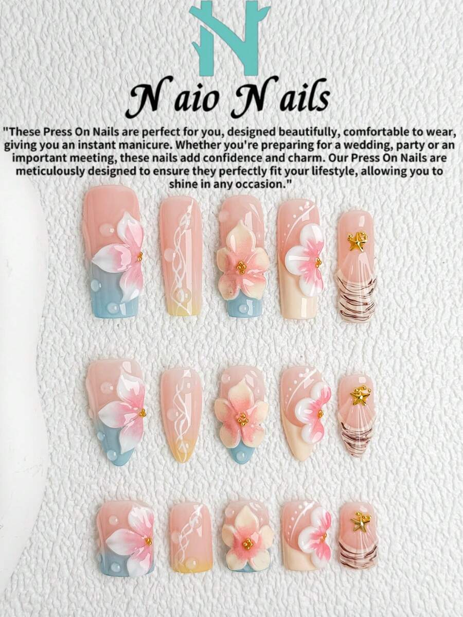 NAIO 10片/套 春夏手工按压式美甲片 夏季海滩主题美甲 棺材形/杏仁形/短方形甲片，Y2K 酷炫风格，裸色、黄色、蓝色，法式边缘，腮红晕染，浮雕花朵、露珠，环氧树脂设计，贝壳纹理，海星金属配件，奶油质地，适合女性和女孩，派对、日常佩戴，附赠工具包，女士美甲用品度假美甲套装，粘贴式假指甲套装，海洋主题礼物 - 彩色 - 查看 1