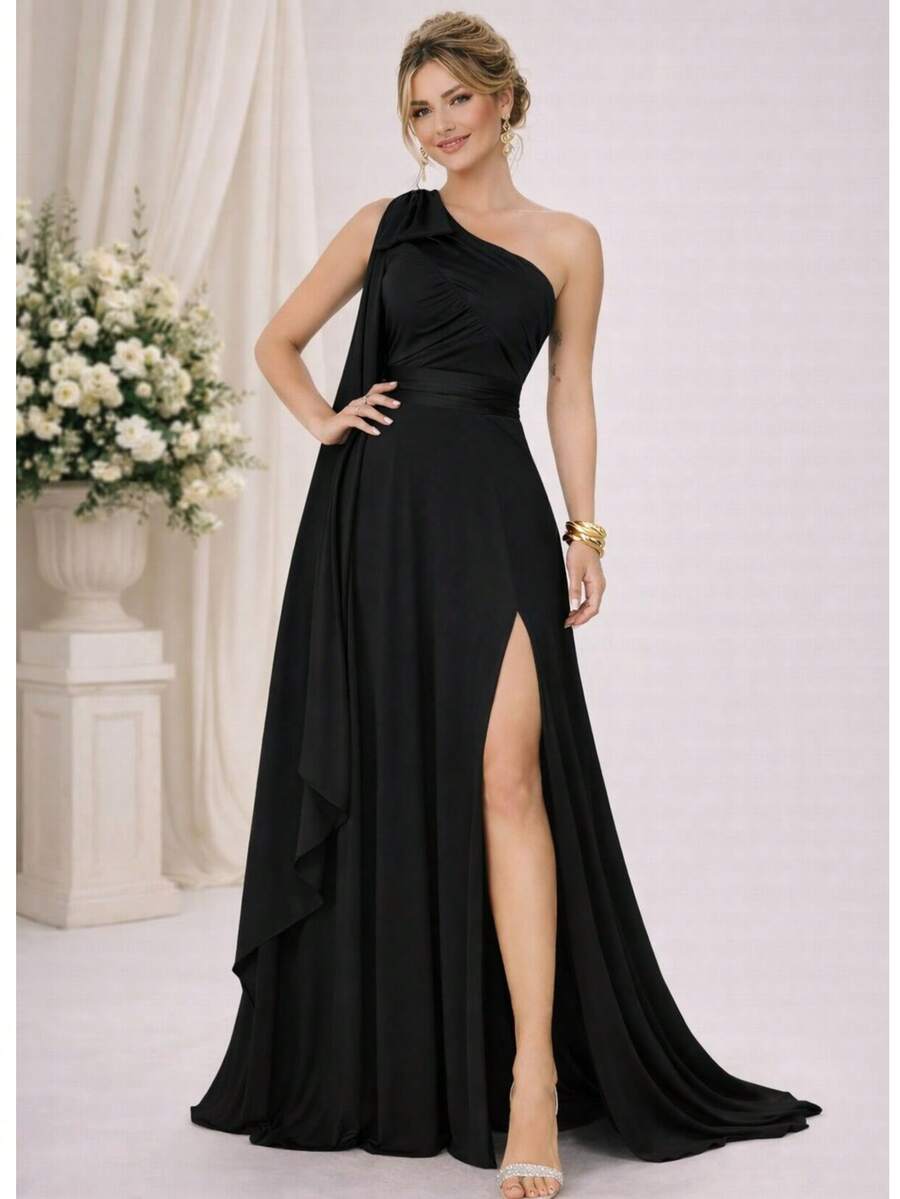 Bridesmaid Dress For Party Guests Reception Graduation Without Shine Cape Sleeve In Fluity - Black - View 1