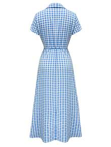 HUTENER Vestido camisa a cuadros azul y blanco, con cuello de camisa + diseño de botones delanteros, vestido holgado y fluido, elegante para vacaciones/uso casual de mujer, primavera/verano - Azul - Ver 5