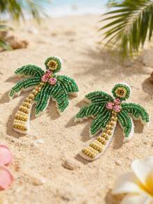 1 par de pendientes con forma de árbol de coco verde fresco estilo playa para vacaciones de verano, pendientes bohemios hechos a mano con cuentas de semilla creativos y novedosos, adecuados para el uso diario y de vacaciones de las mujeres (el color, la cantidad y la posición de las cuentas de semilla hechas a mano son aleatorios) - Verde - Ver 3