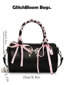 Y2K新款芭蕾舞蝴蝶结手提包，波士顿包，时尚单肩斜挎包，百搭 - 黑色 - 查看 5
