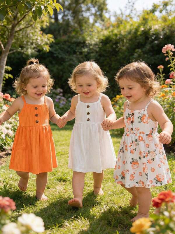 3pcs Baby Girls Floral Print Solid Color Ribbed Button Strap Dress Set