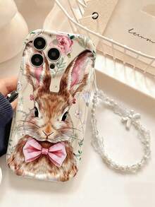 Minimalist Retro Cute Bow Rabbit Easter Pattern 2D Thick Anti-Drop Phone Case, Comes With White Pearl Bow Lanyard, Suitable For Self-Use Or Gift, Compatible With IPhone11/12/13/14/15 Pro Max, Galaxy A04/A05/A13/A14/A15/A24/A25/A35/A54/A55/S23/S24,International Version, Not The Domestic Version - White - View 1