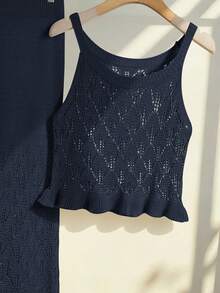 女士优雅复古两件套纯色镂空吊带背心搭配中长裙，夏季海滩度假装 - 寶藍色 - 查看 5