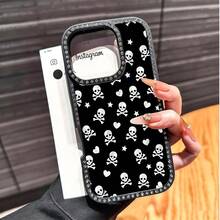 Skull Heart Phone Case, Punk Style, Phone Case For IPhone 17 Pro Max 17 Air 17Pro 16 15 14 13 12 11 Pro Max, Goth Skull Gift, White Skull Design, Black Background Art, Rock And Roll Pattern, Skull Lover Present, Alternative Style Case - 黑色 - 查看 6