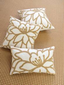 1 pieza Funda de almohada decorativa de lona beige y bordado floral gris, en múltiples tamaños adecuados para decoración interior, todo el año, solo funda (sin relleno) - Gris - Ver 12