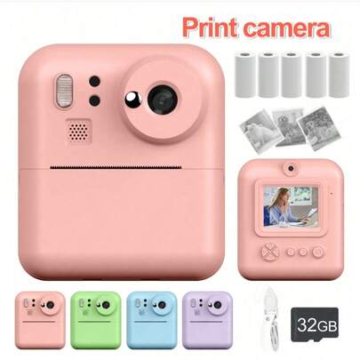适合3-12岁儿童的即时打印相机，支持1080P视频拍摄的数码相机，便携式儿童相机玩具（包含32GB存储卡、打印纸和收纳袋），内置MP3播放器和益智游戏，适合作为圣诞节、生日或开学礼物送给3-12岁的男孩女孩。