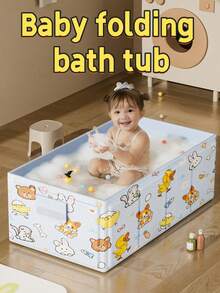 1pc Cartoon Cute Pattern Baby Bathtub, Foldable Bathing Tub, Infant Bathtub For Sitting & Lying - Multicolor - View 1