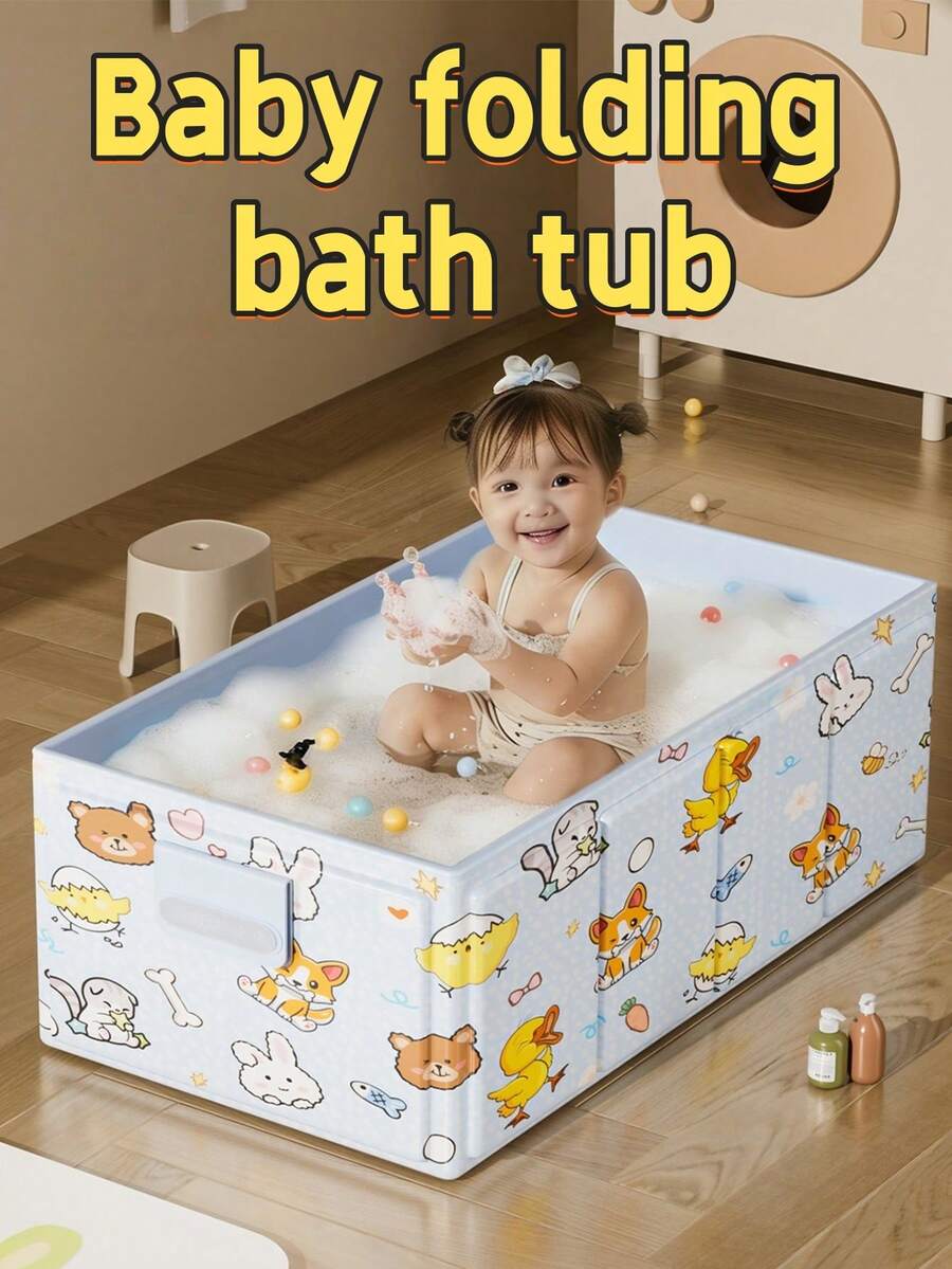 1pc Cartoon Cute Pattern Baby Bathtub, Foldable Bathing Tub, Infant Bathtub For Sitting & Lying - Multicolor - View 1