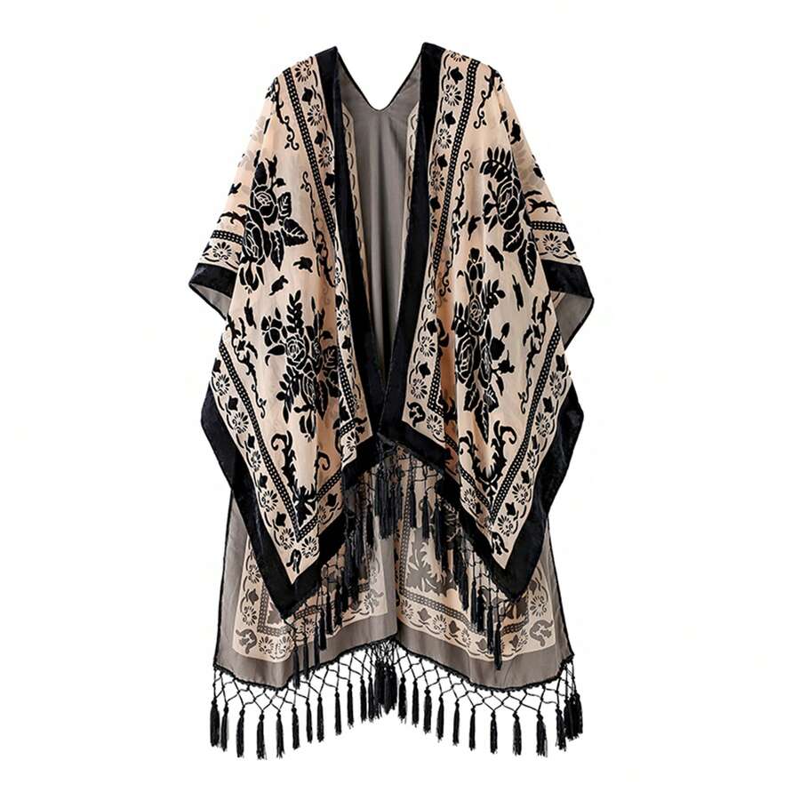 WeHello Women's Boho Burnout Velvet Kimono Long Cover Up With Tassel Casual Cardigan Shawl Flowy Fabric Beachwear Suit Womenswear Clothes Swimwear Coverups SpringStatements - Màu nâu Mocha - Xem 1