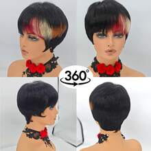 1B Color Short Women's Pixel Cut Short Wig, No Front Band, Layered Pixel Cut Short Hair, Suitable For Daily Use, Halloween And Other Occasions, No Front Band No Glue Easy To Wear And Go Wig, Fashion Layered Short Hair With Bangs - Multicolor - View 8