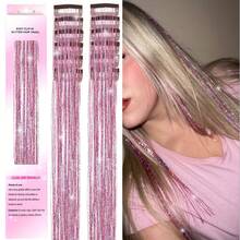 12pcs Holographic Glitter Hair Extensions With BB Clips, Shiny Colorful Hair Streaks, Sparkly Hairpieces For Music Festival & Concert - 1 - 查看 1
