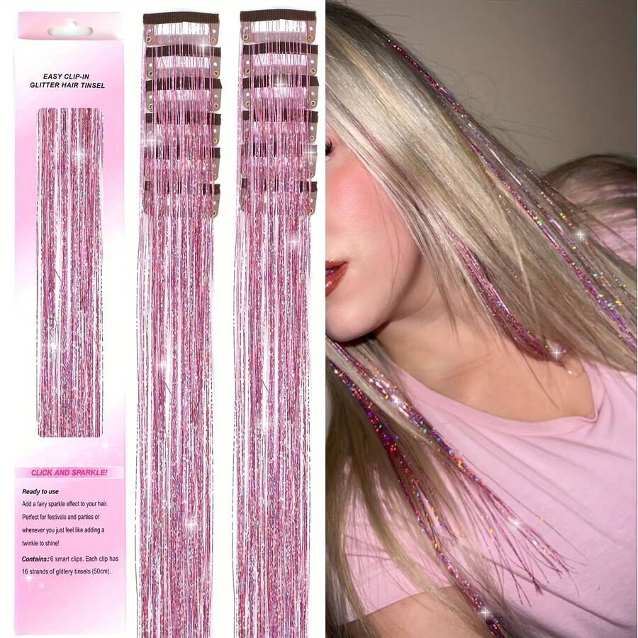 12pcs Holographic Glitter Hair Extensions With BB Clips, Shiny Colorful Hair Streaks, Sparkly Hairpieces For Music Festival & Concert - 1 - 查看 1