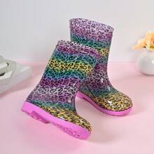 Sepatu Bot Anak Motif Leopard Pelangi Setinggi Betis, Sepatu Bot Hujan Modis yang Lucu - Purple - View 13