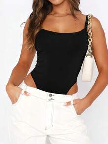Damen Sommer Sexy Trägerhemd, einfarbiger Spaghetti-Träger Rundhals Rückenfreier Bodysuit, lässiger eleganter Bodysuit für den täglichen Gebrauch Schwarz - Schwarz - Übersicht 3