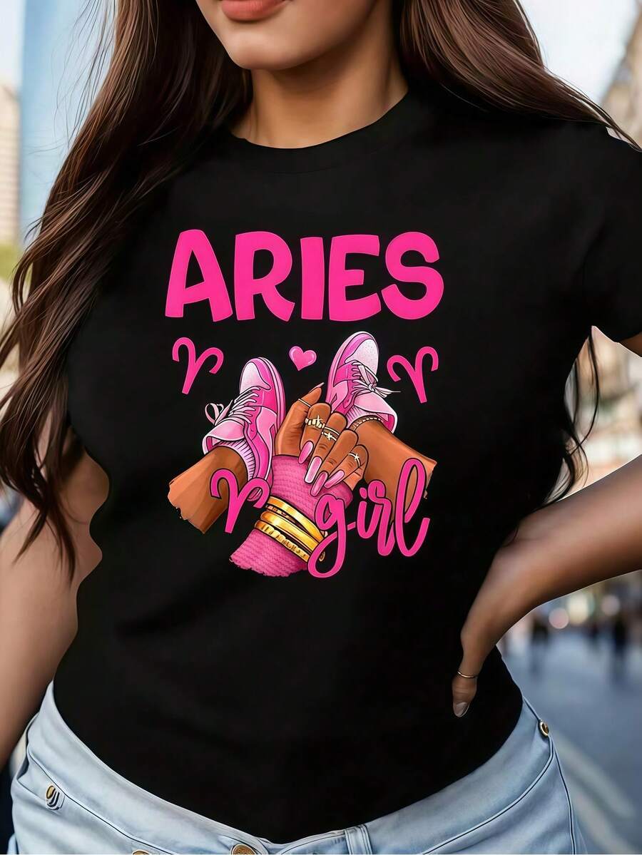 1pc Women's Clothing Aries Girl Print Black TShirt, Shirts, White Top, Graphic Tees Women, Unisex Casual Crew Neck Tshirt, Lightweight 220gsm Knit Fabric, Machine Washable, For Spring/Summer/Fall, Valentine's Day, Halloween - 黑色 - 查看 1