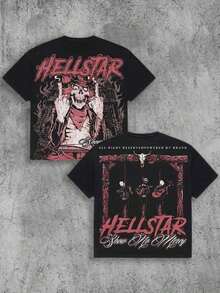 Camiseta de hombre con estampado de esqueleto de doble cara, estilo Hell Star, de peso pesado, retro, lavado ácido, grunge, oversize - Negro - Ver 1