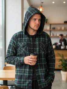 Men's Adult Flannel Plaid Shirt With Hood. - màu xanh lá - Xem 5