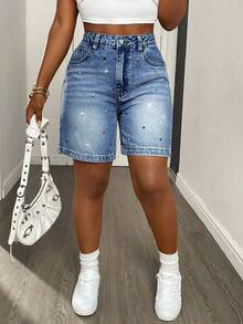 Shorts vaqueros casuales y retro con strass de colores, para el verano - Azul lavado medio - Ver 7